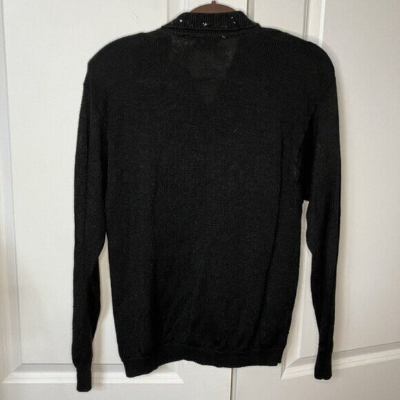 Vintage Jaclyn Smith Black Knit Sequin Beaded Bow Collared Coquette Cardigan - Picture 5 of 7